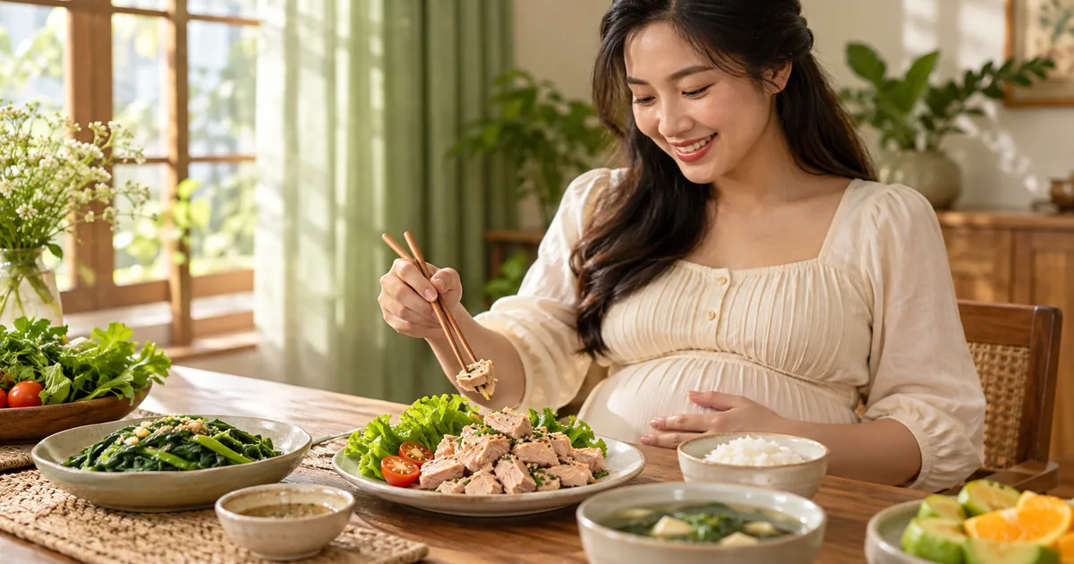 Mẹ bầu ngồi trước bữa ăn gồm cá chín và rau.