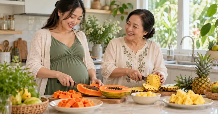 Mẹ bầu cùng người thân chuẩn bị đĩa đu đủ chín và dứa chín trong bếp