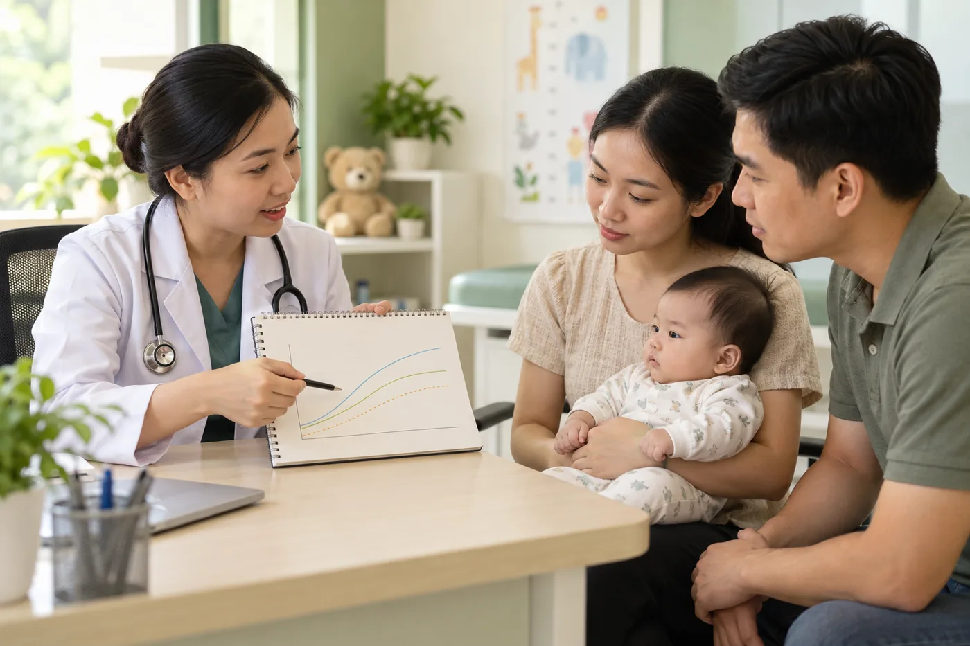 Bác sĩ trao đổi với bố mẹ và chỉ vào sổ theo dõi.