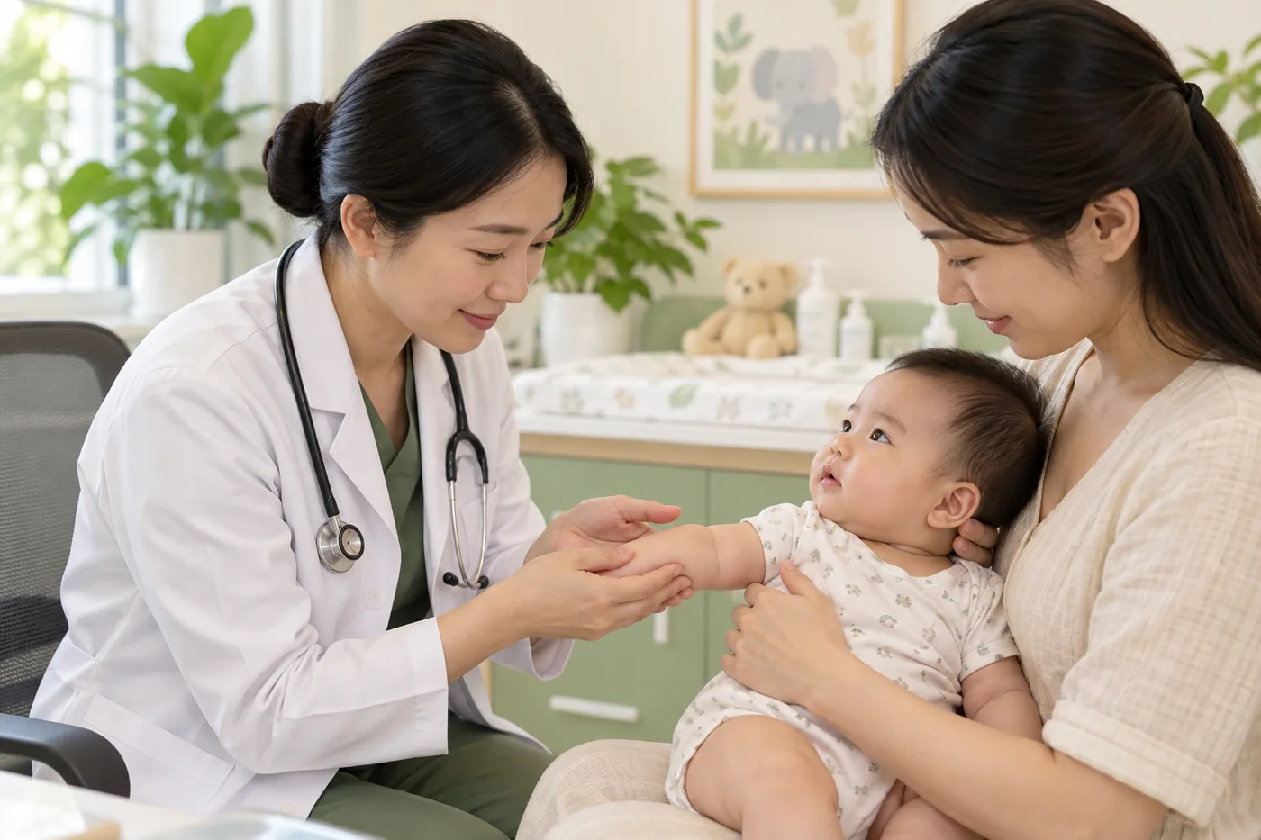 Bác sĩ quan sát da cánh tay bé khi mẹ bế bé.