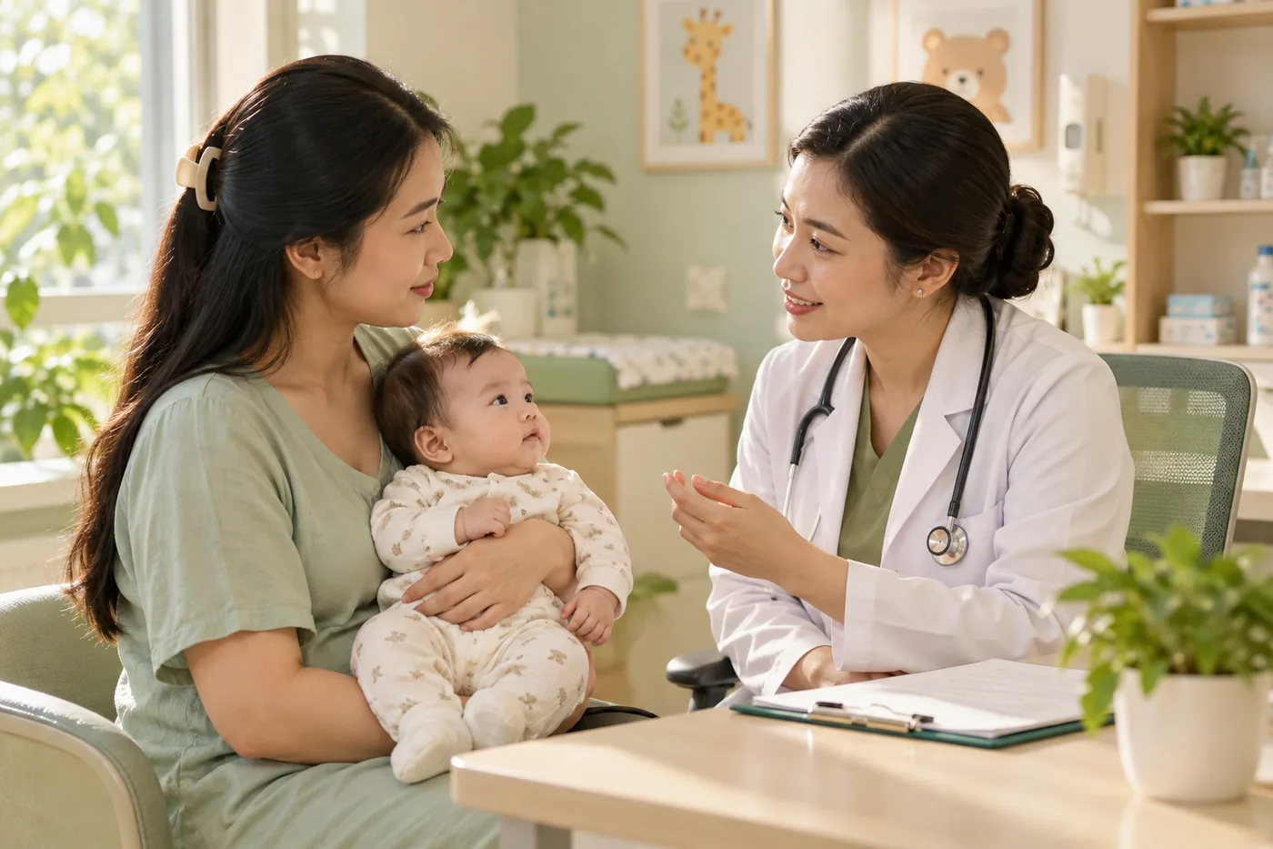 Bác sĩ trao đổi với mẹ đang bế bé tại phòng khám.