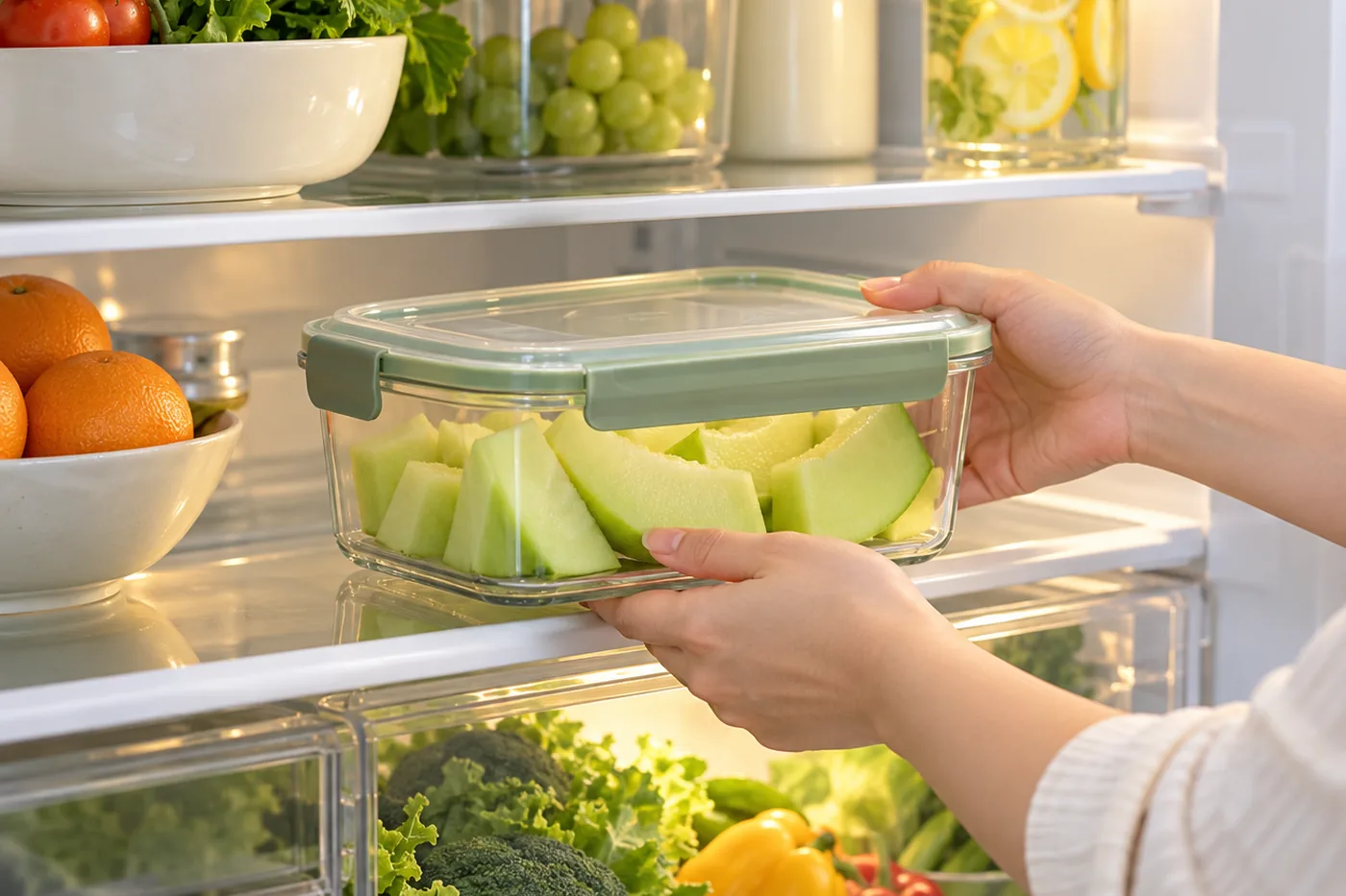 Hộp trái cây đã cắt có nắp được đặt trong ngăn mát tủ lạnh sạch