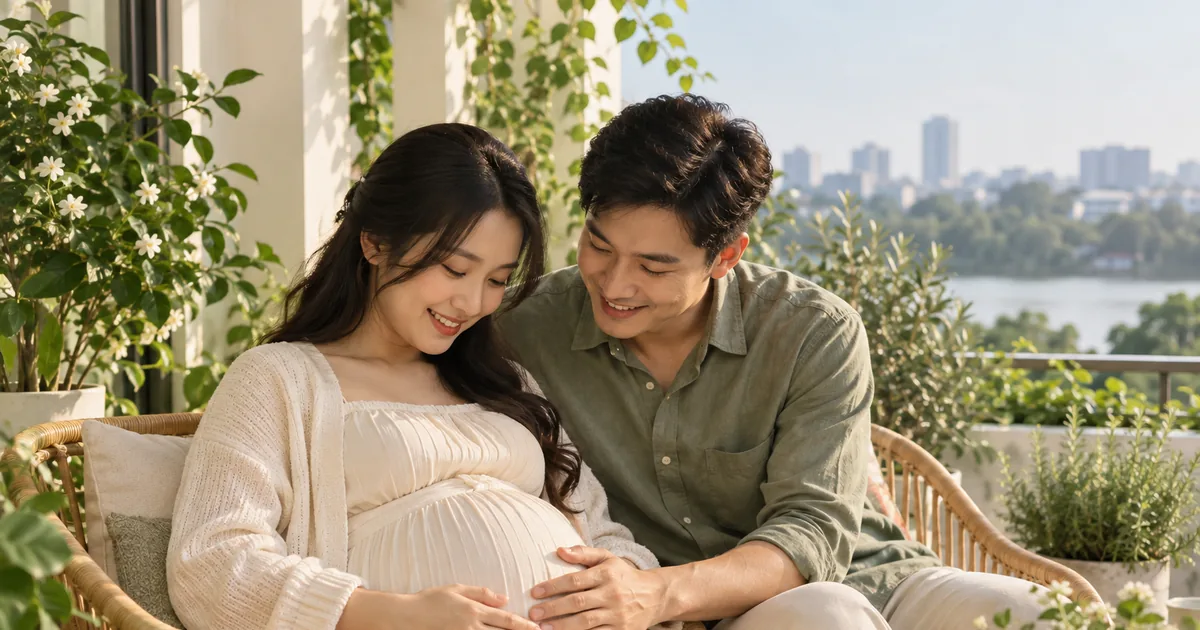Mẹ bầu đặt tay lên bụng khi cùng chồng cảm nhận những cử động của bé tại nhà.