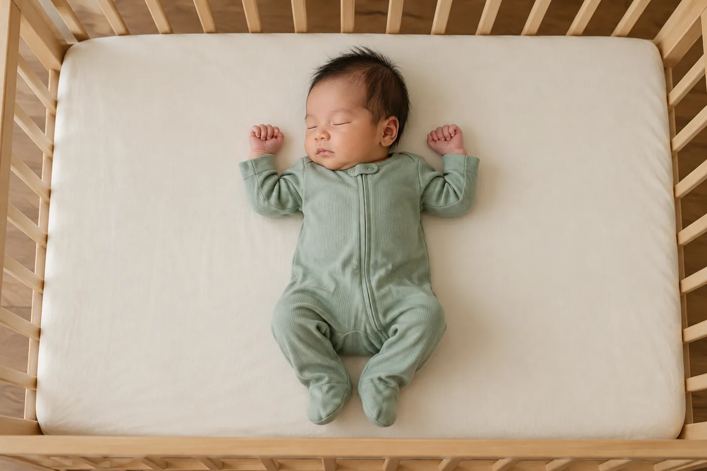 Bé mặc đồ ngủ nằm ngửa trong nôi với ga bọc phẳng.