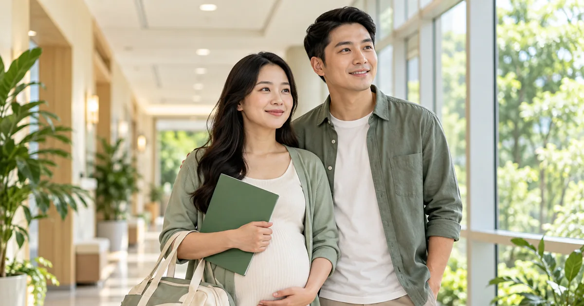 Mẹ bầu và người thân cầm hồ sơ trong hành lang cơ sở y tế