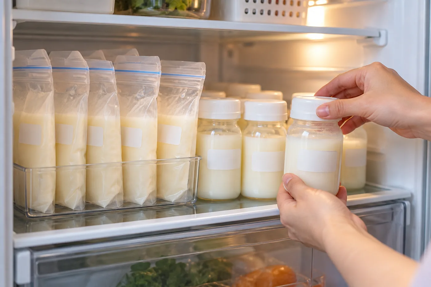 Tay lấy một bình sữa có nắp từ kệ tủ lạnh, bên cạnh là các túi trữ sữa kín