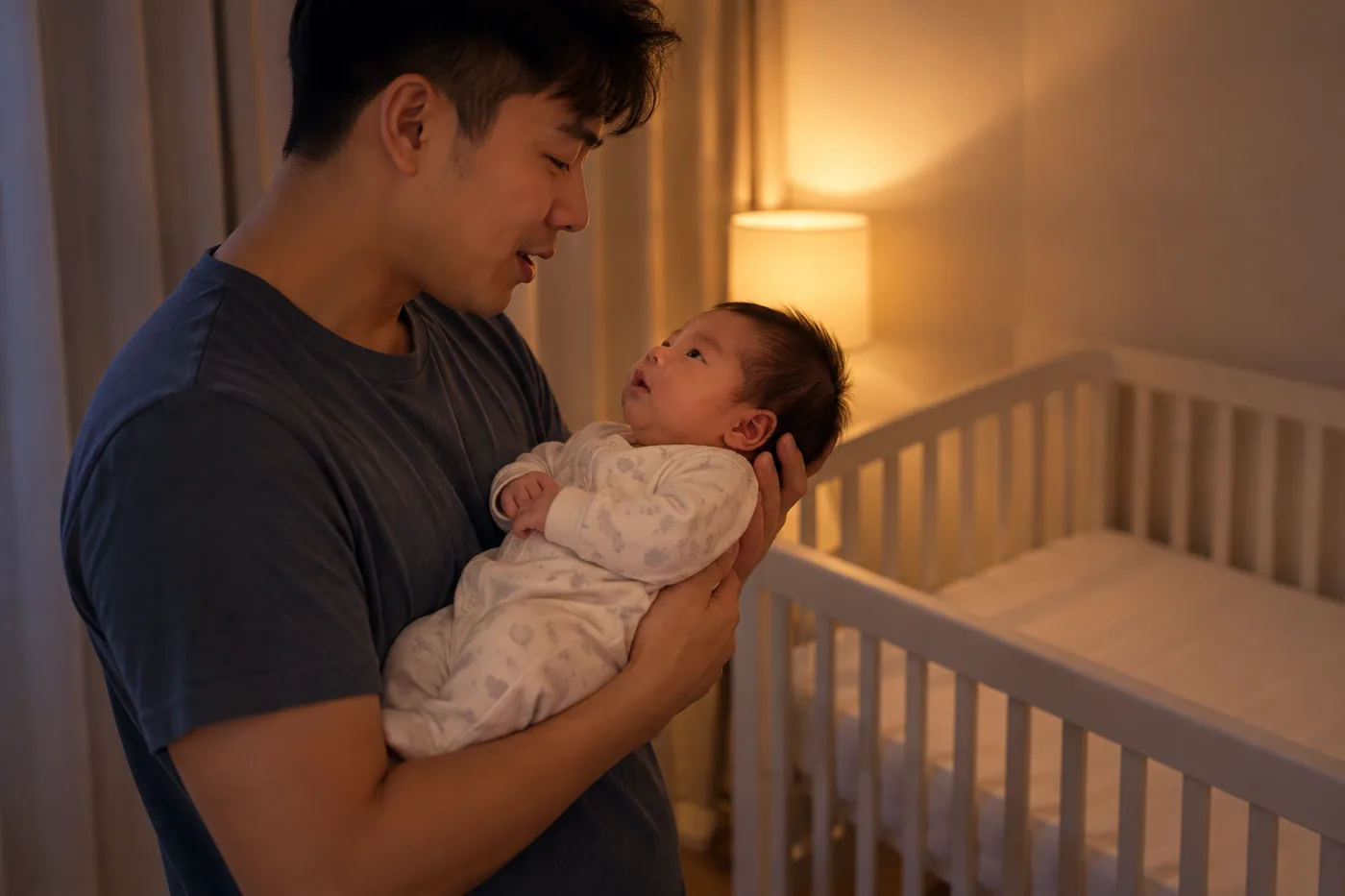 Bố bế bé với đầu được nâng đỡ trong không gian buổi tối.