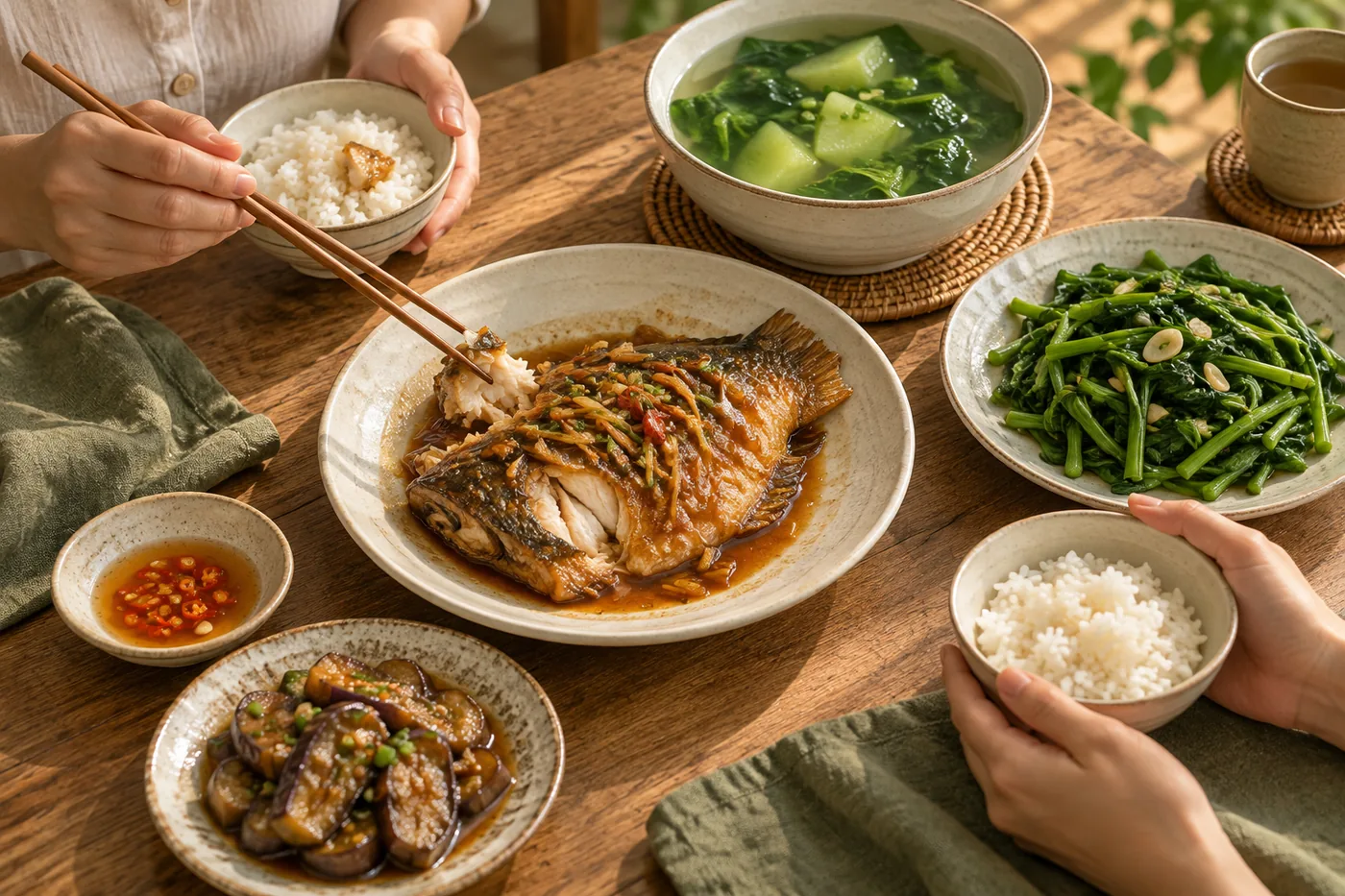Bữa ăn có cá nấu chín, cơm và rau xanh được chuẩn bị cho mẹ bầu