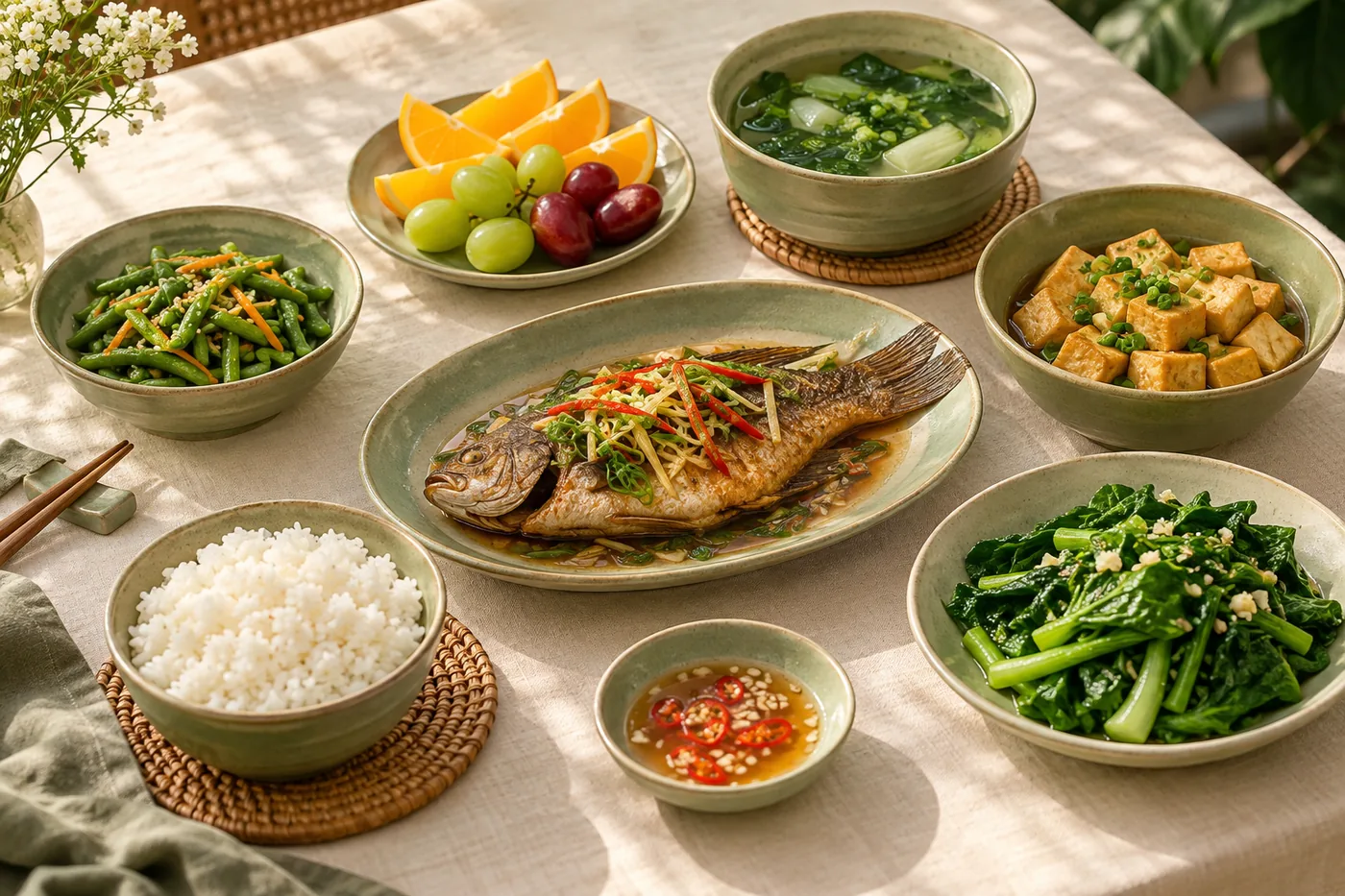 Bữa ăn gồm cơm, cá chín, rau xanh và trái cây cho mẹ bầu.