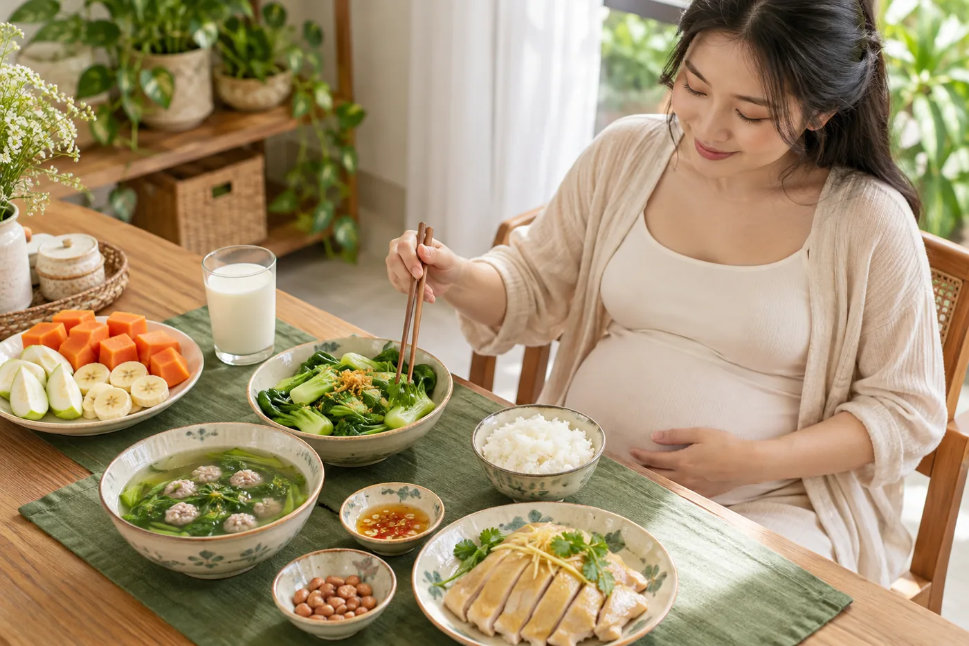 Mẹ bầu dùng bữa với cơm, thịt chín, rau, trái cây và sữa.