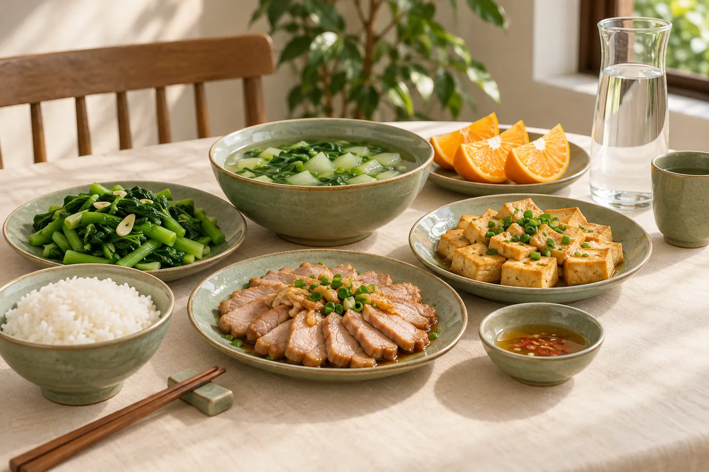 Bữa ăn với cơm, thịt chín, rau xanh và trái cây giúp mẹ ăn đủ chất.