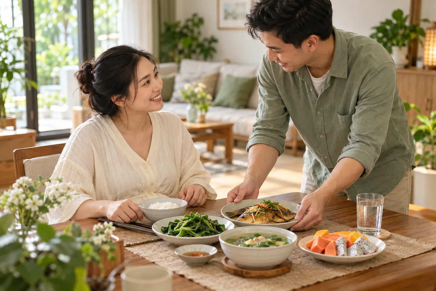 Người chồng chuẩn bị bữa cơm có cá, rau, canh và trái cây cho mẹ sau sinh