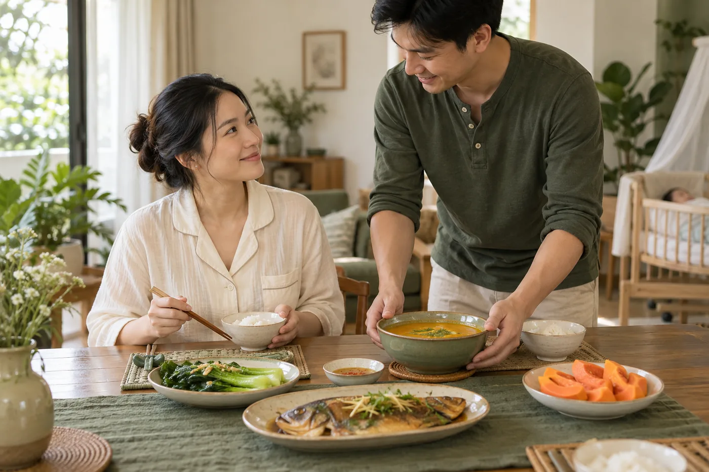 Mẹ sau sinh dùng bữa cơm có cá, rau, canh và trái cây, người chồng chuẩn bị món ăn bên cạnh
