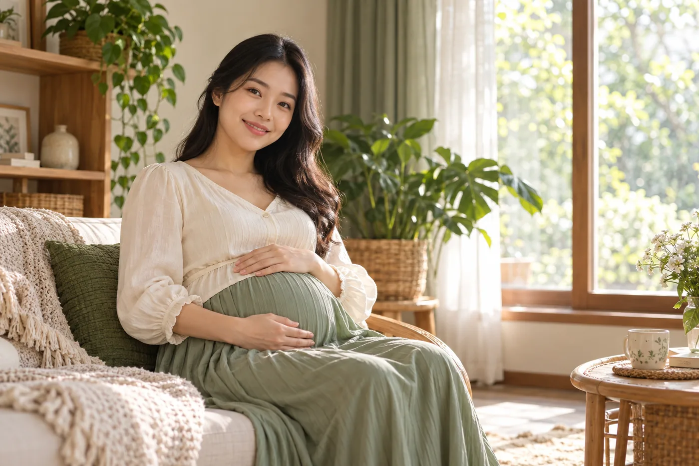 Mẹ bầu tháng thứ 5 ngồi bên cửa sổ, đặt tay nhẹ lên bụng để cảm nhận thai máy.