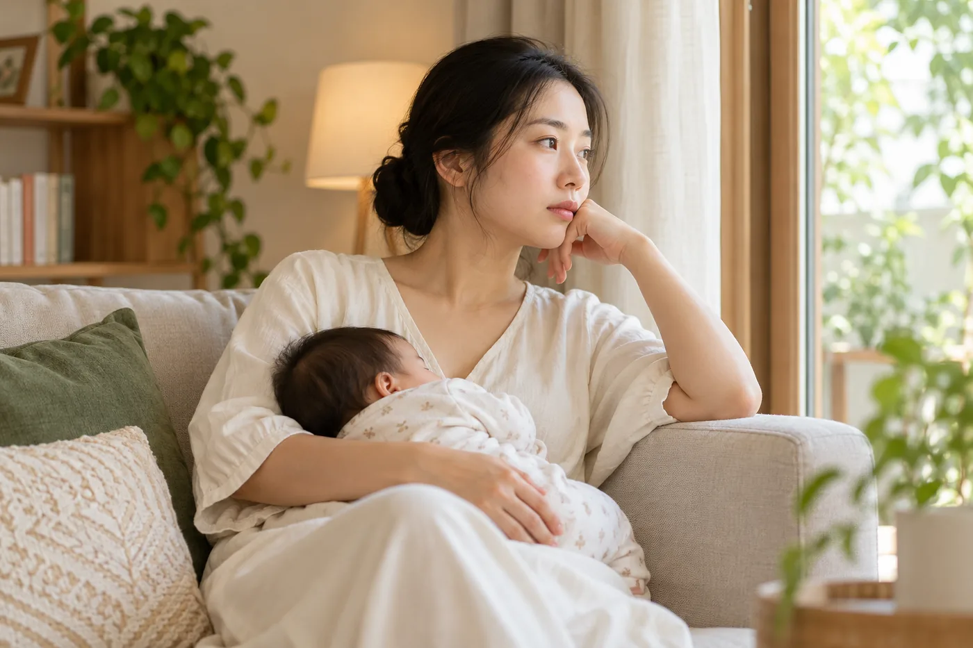 Mẹ bế bé sơ sinh, ngồi suy tư bên cửa sổ trong phòng khách sáng
