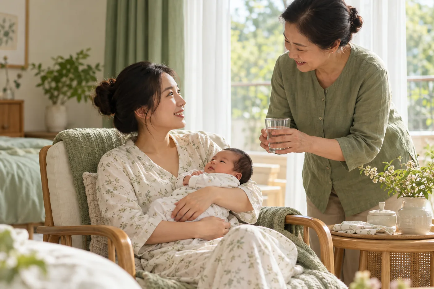 Người thân mang nước cho mẹ đang bế bé sơ sinh trong phòng thoáng sáng