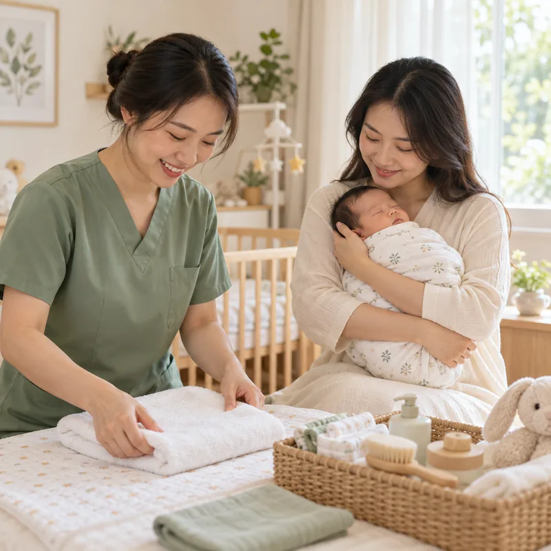 Chuyên viên chuẩn bị khăn chăm sóc bé bên mẹ đang ôm con sơ sinh