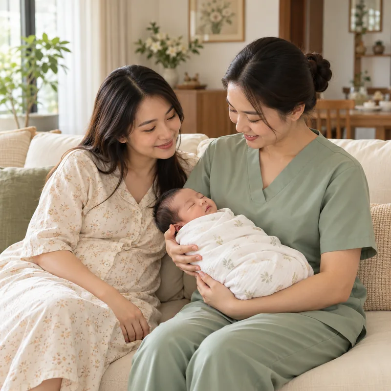Chuyên viên bế bé sơ sinh ngủ yên bên mẹ trong không gian gia đình