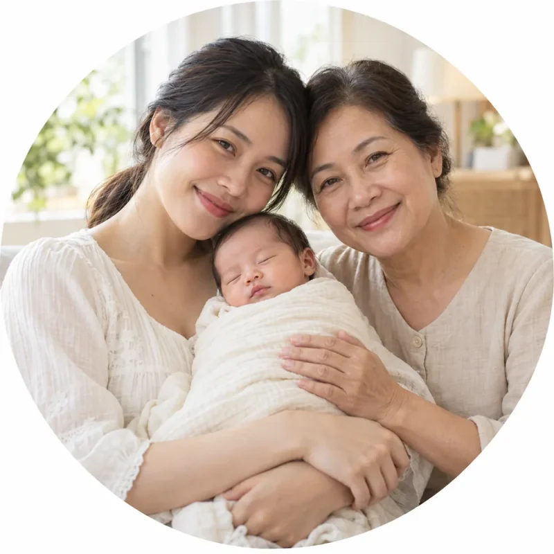 Mẹ Việt ôm bé sơ sinh ngủ yên bên người phụ nữ lớn tuổi chăm sóc ân cần