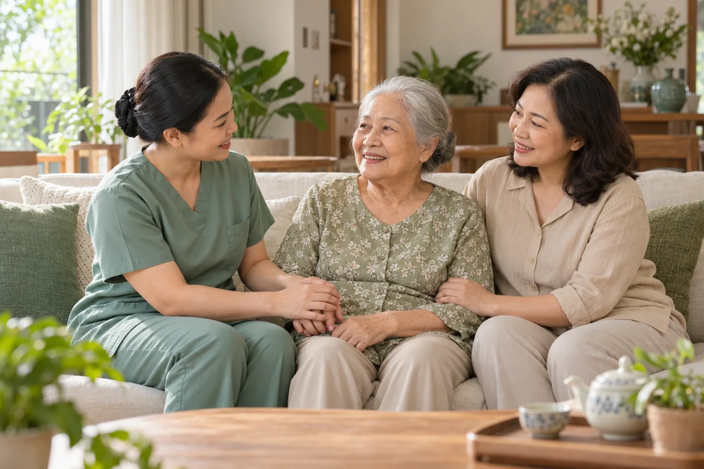 Nữ chuyên viên nắm tay và trò chuyện với bà lớn tuổi bên người thân trong phòng khách tại nhà