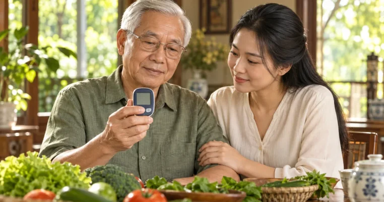 Cụ ông xem máy đo đường huyết cùng người thân tại bàn ăn trong nhà