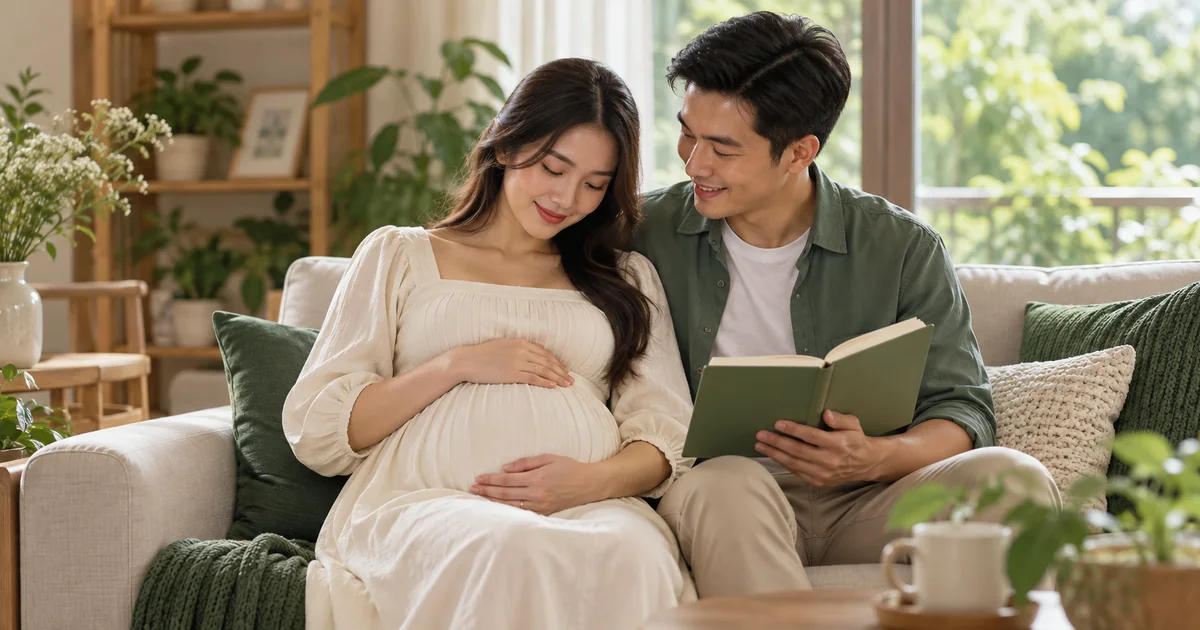 Mẹ bầu đặt tay lên bụng, người bạn đời ngồi bên cạnh cầm cuốn sổ màu xanh