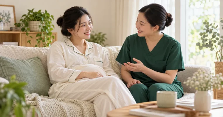 Mẹ sau sinh trò chuyện với người chăm sóc mặc đồng phục xanh trong phòng khách sáng