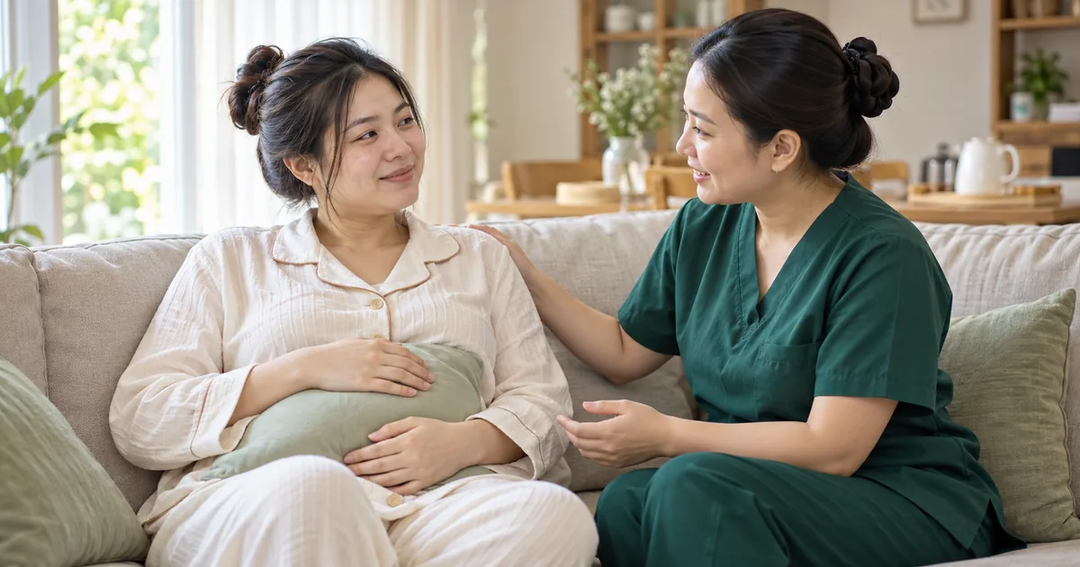 Mẹ ôm gối nhỏ trước bụng, người chăm sóc mặc đồng phục xanh ngồi bên cạnh trên sofa
