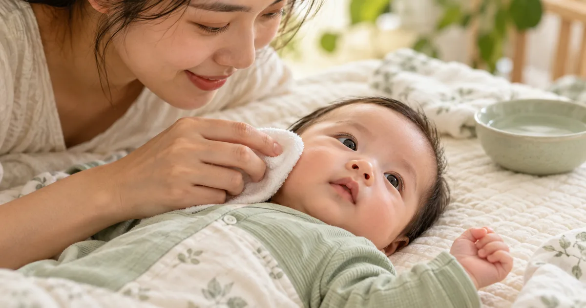 Mẹ lau nhẹ má bé bằng khăn mềm.