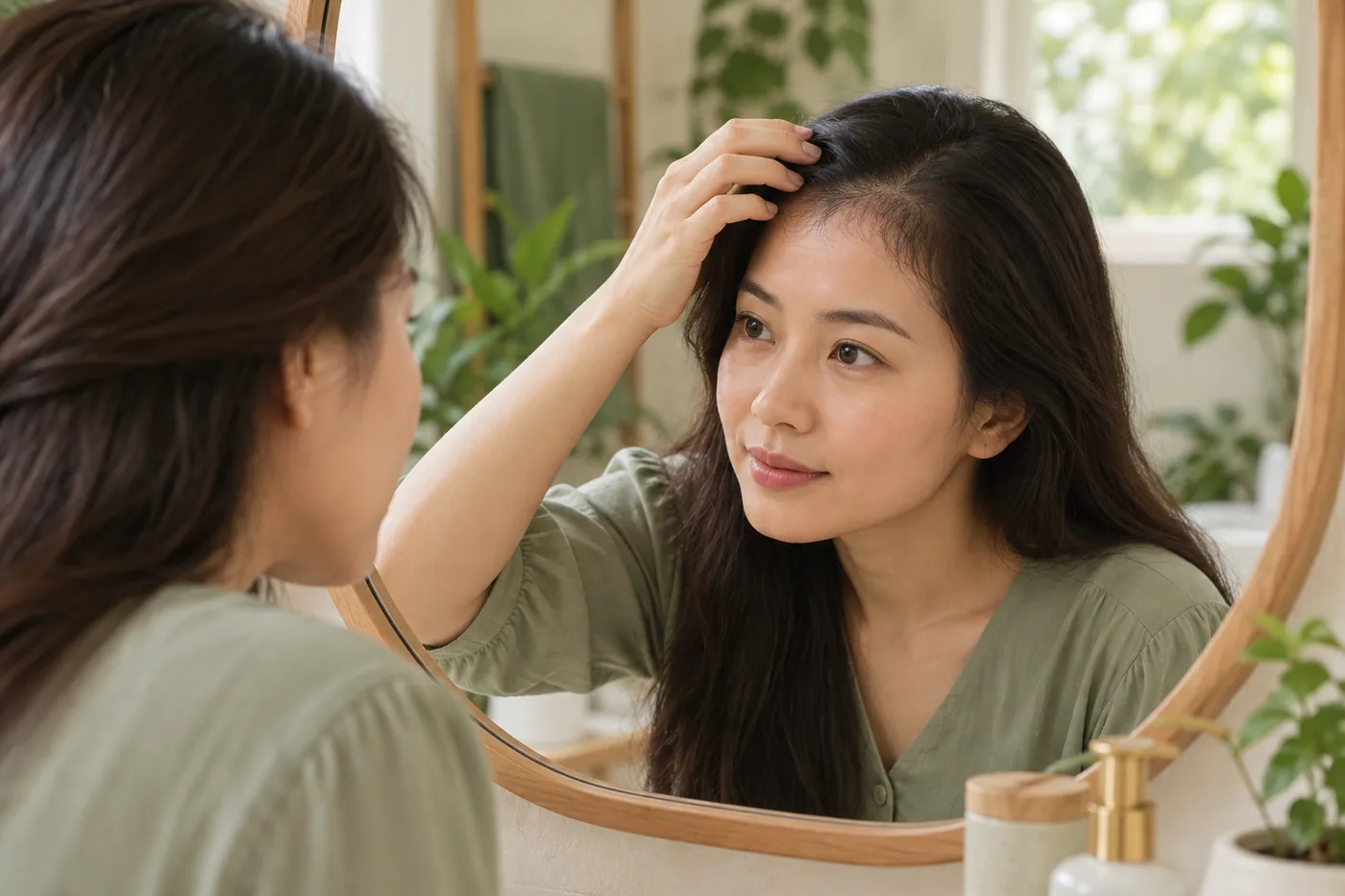 Mẹ quan sát tóc con ở đường chân tóc trước gương.