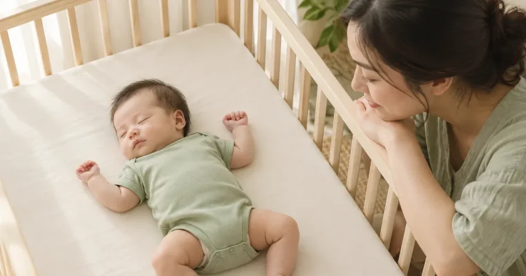 Bé sơ sinh mặc áo cotton mỏng nằm ngửa trong nôi với mẹ ở bên