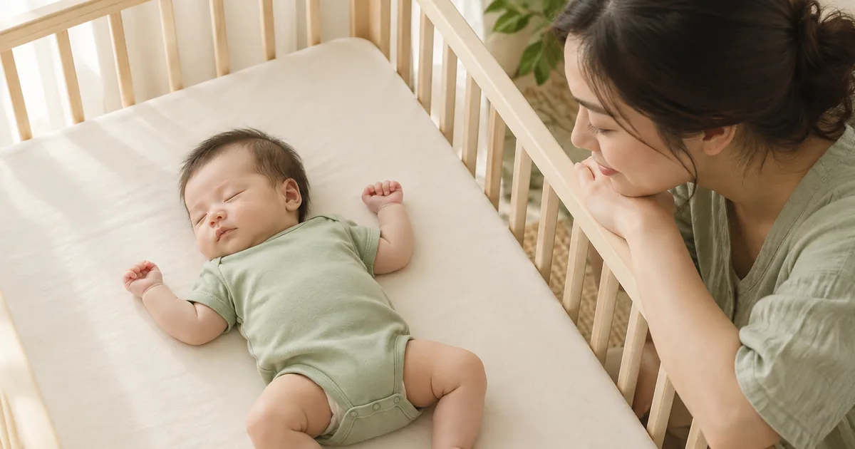 Bé sơ sinh mặc áo cotton mỏng nằm ngửa trong nôi với mẹ ở bên