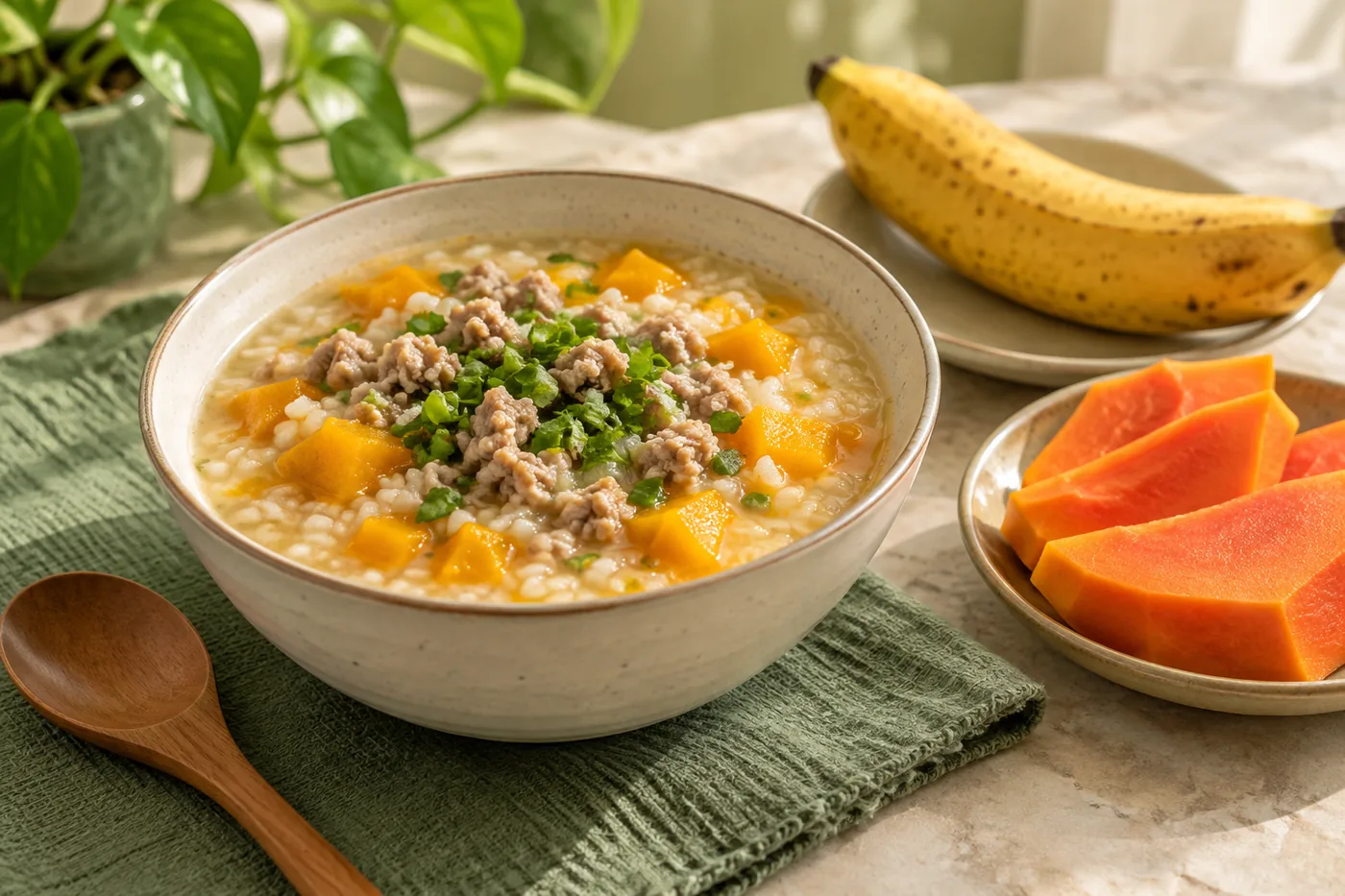 Bát cháo thịt băm bí đỏ và trái cây chín trên bàn.