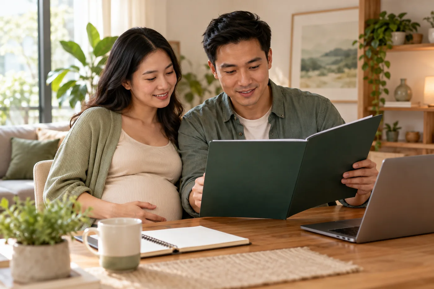Bố mẹ tương lai cùng xem hồ sơ và lịch nghỉ thai sản tại bàn