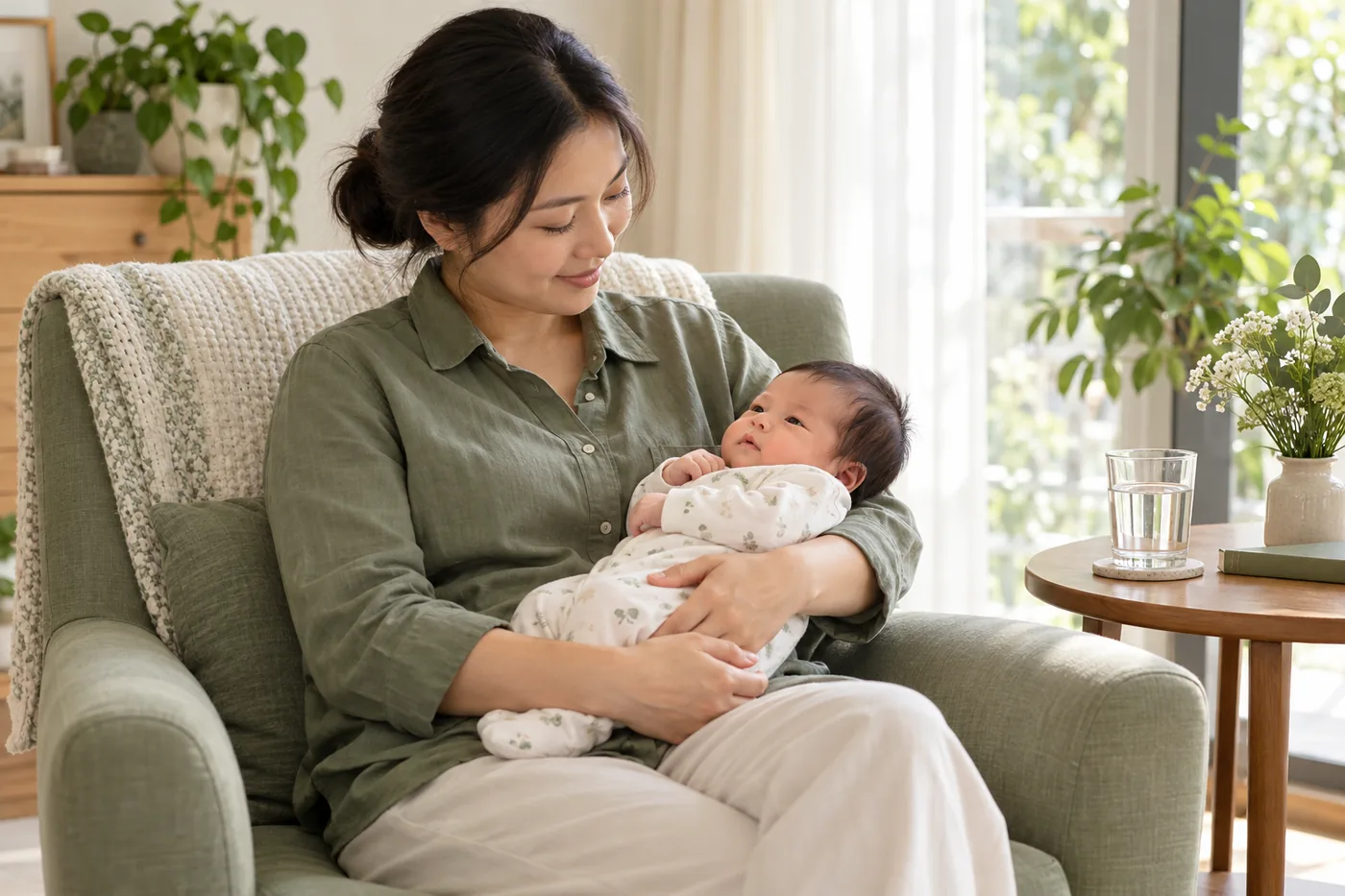 Mẹ ngồi ôm bé sơ sinh trước cữ bú, bên cạnh là cốc nước dành cho mẹ