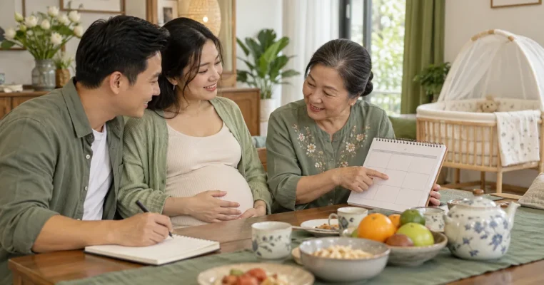 Gia đình cùng mẹ bầu lập kế hoạch chăm sóc bên góc nghỉ đã chuẩn bị.