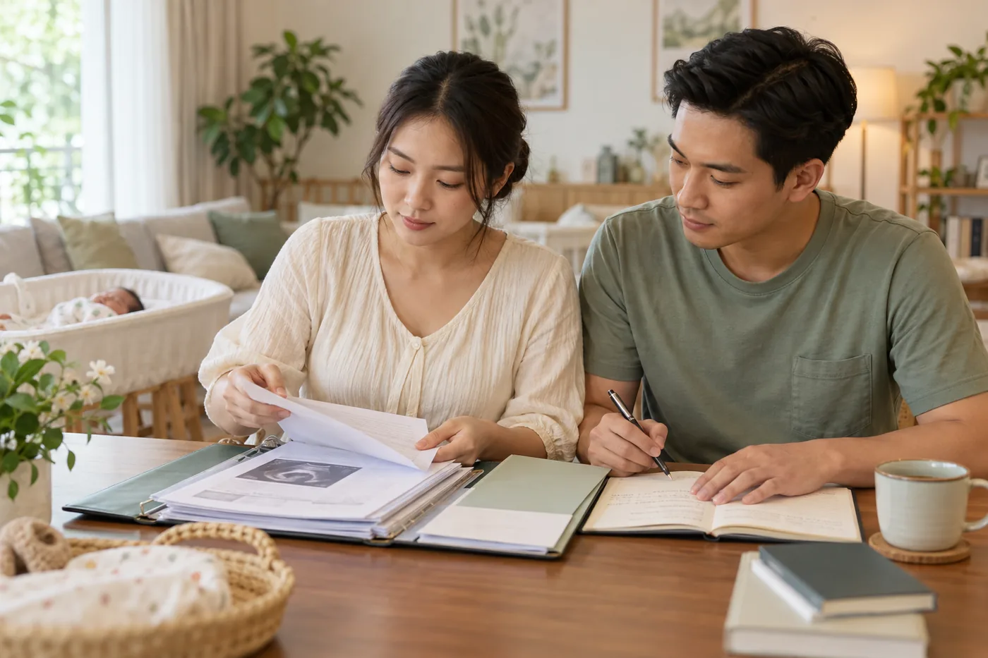 Gia đình sắp xếp giấy ra viện và sổ theo dõi sức khỏe sau sinh.