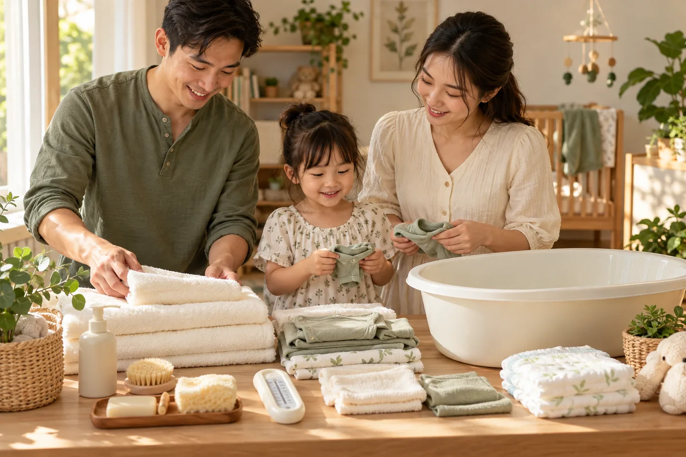 Gia đình sắp xếp khăn sạch, quần áo và chậu tắm trước buổi chăm sóc bé.