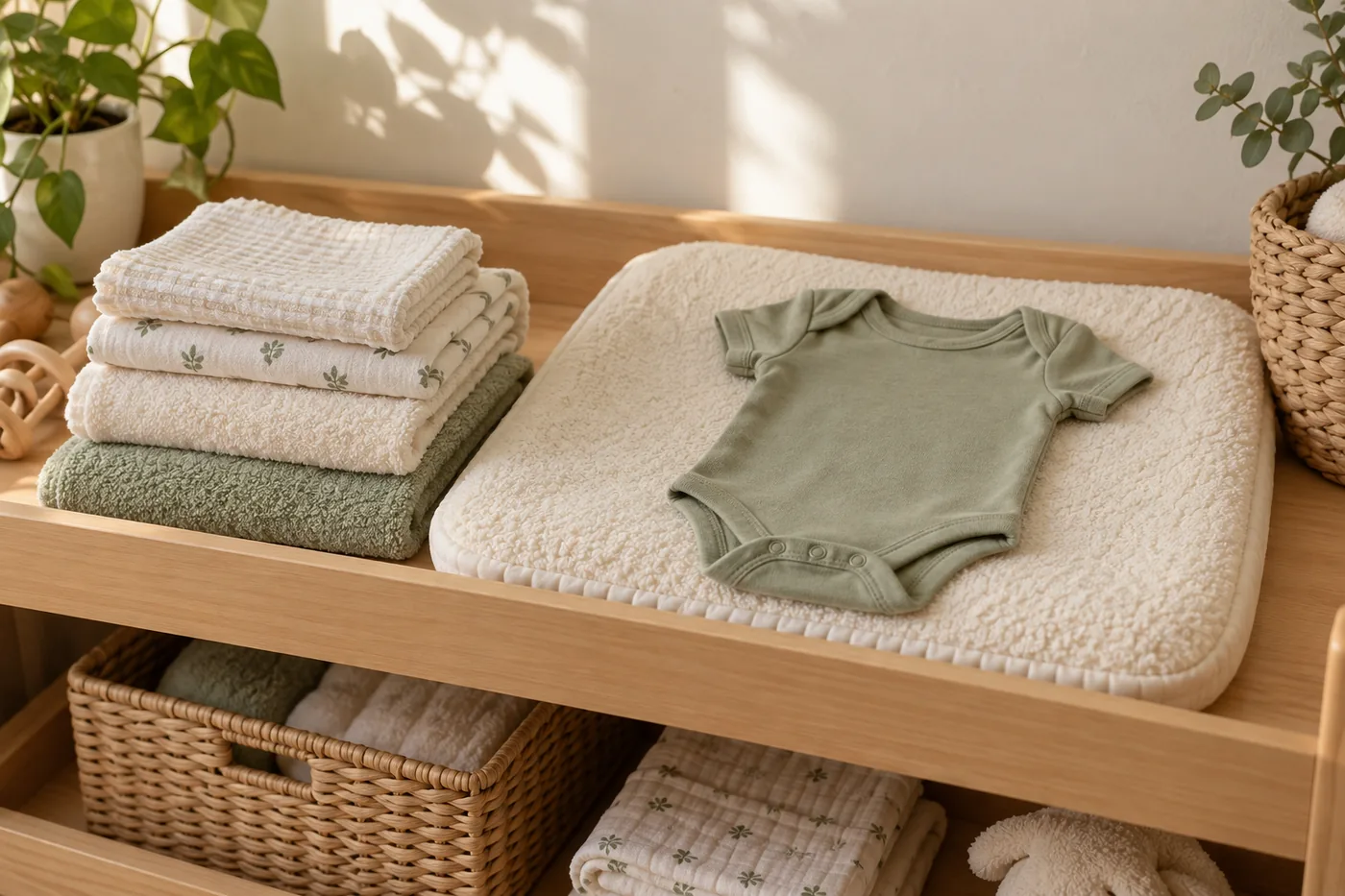 Khăn sạch và quần áo mềm được chuẩn bị trong phòng ấm.