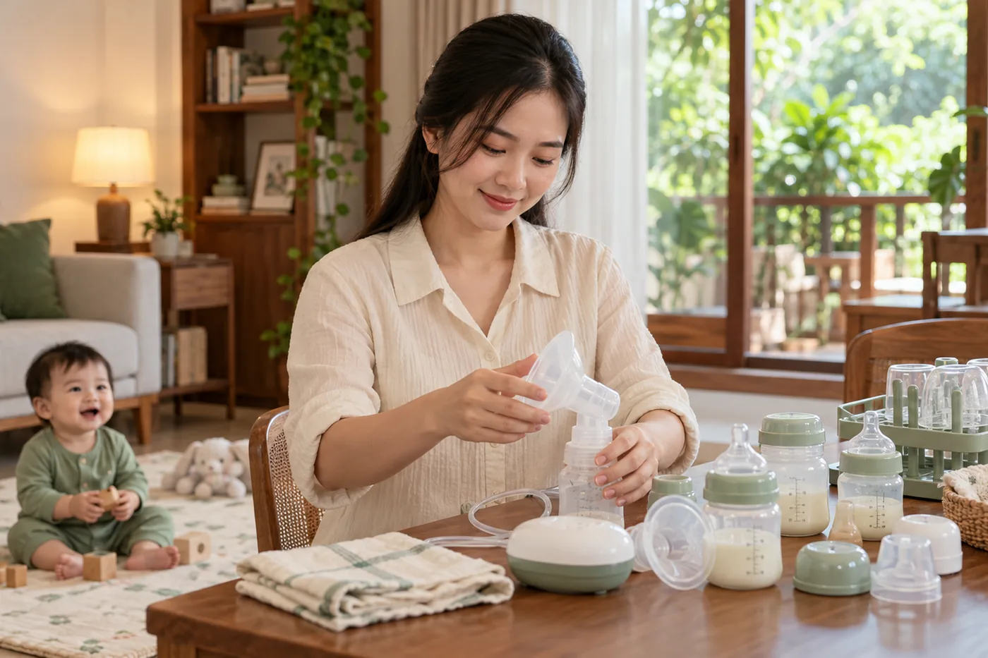 Mẹ sắp xếp máy hút và bình trữ sữa sạch trên bàn tại nhà.