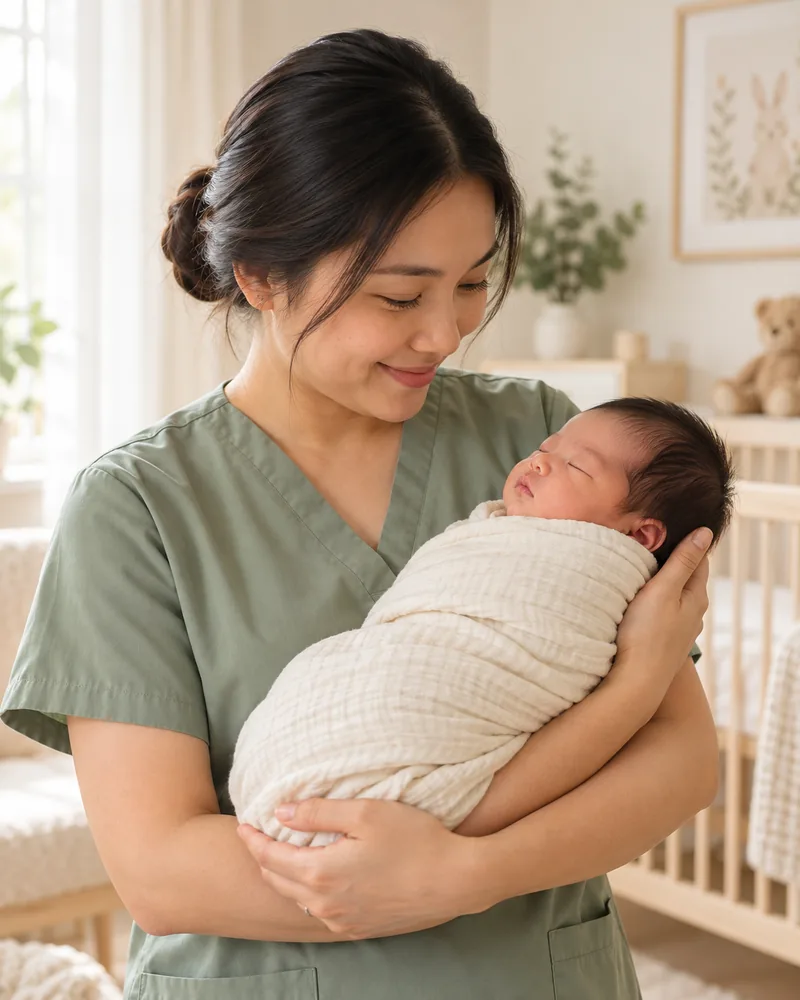Chuyên viên nhẹ nhàng bế bé sơ sinh và nâng đỡ đầu cổ của bé
