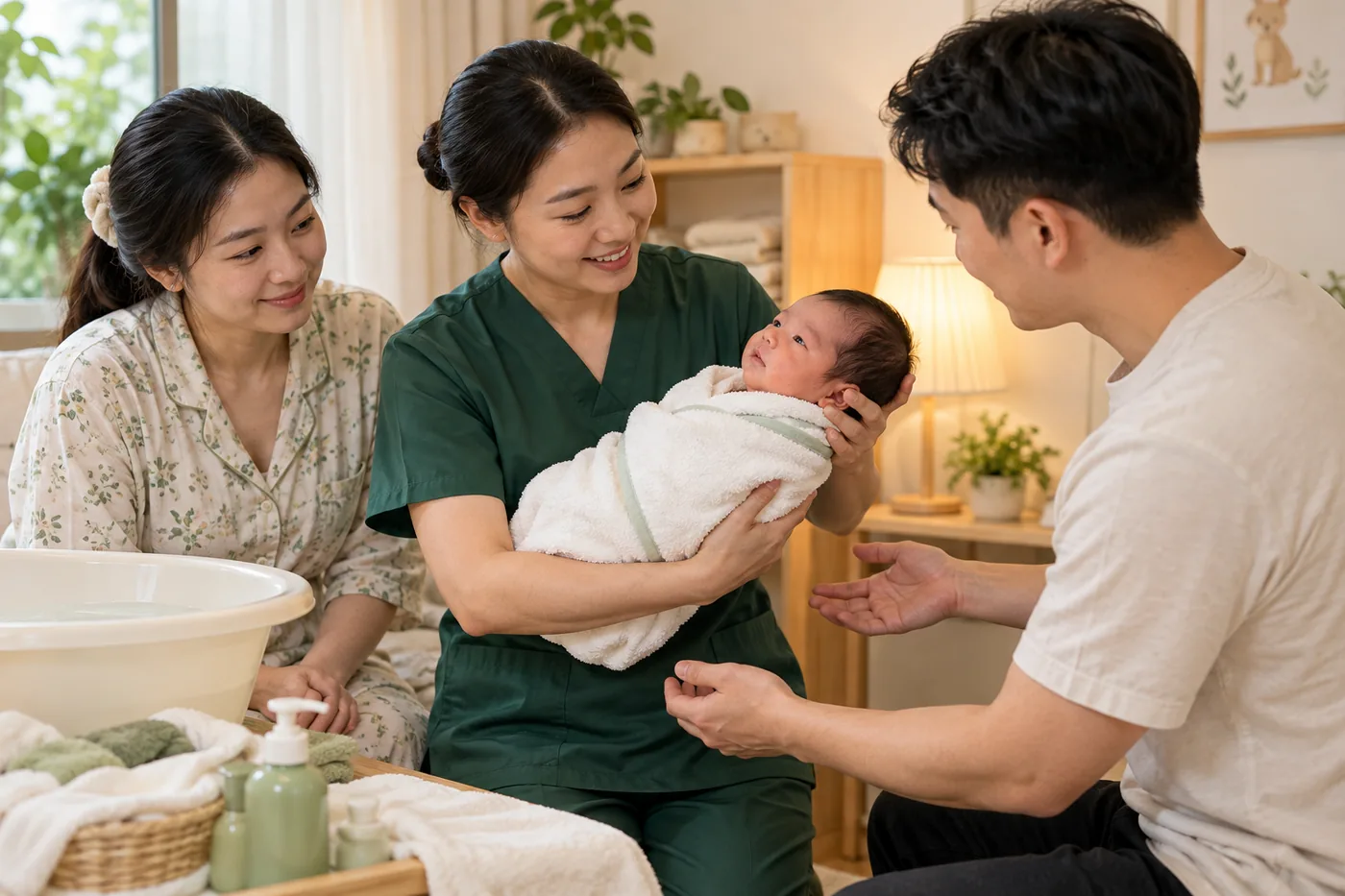 Chuyên viên hướng dẫn bố mẹ bế bé trong khăn sạch.