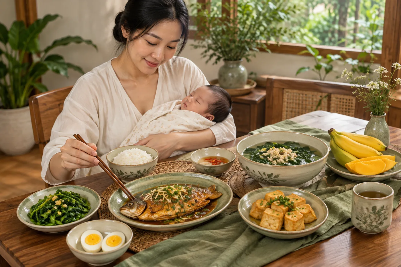 Mẹ dùng bữa với cá chín, trứng chín, rau và trái cây trong khi bế bé.
