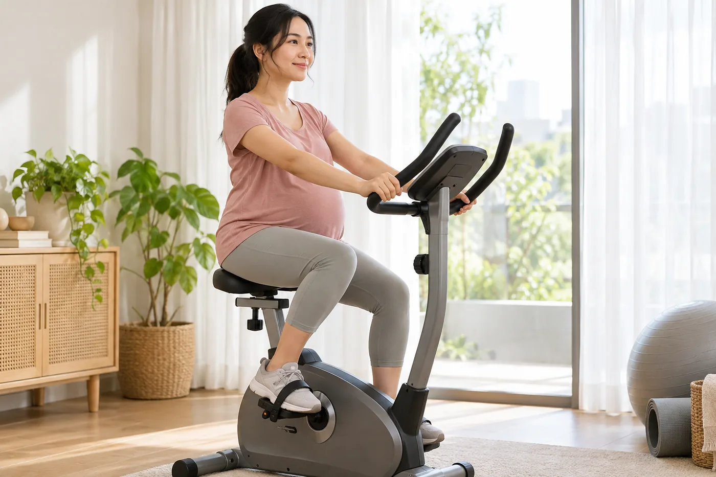 Mẹ bầu tập nhẹ trên xe đạp cố định trong phòng thoáng.