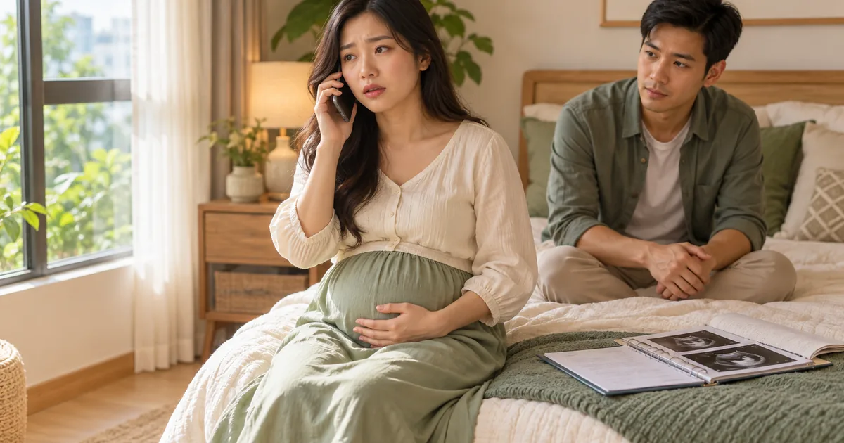 Mẹ bầu đặt tay lên bụng và gọi điện hỏi hướng dẫn chăm sóc
