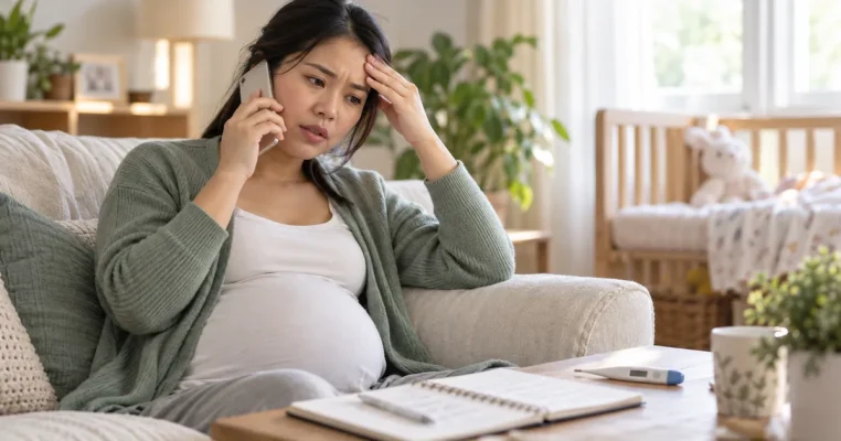 Mẹ bầu gọi điện với tay đặt ở trán, sổ khám và nhiệt kế bên cạnh.