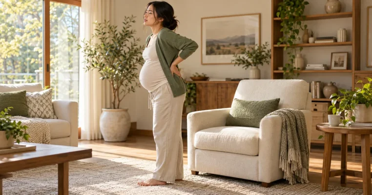 Mẹ bầu đặt tay sau thắt lưng khi đứng cạnh ghế có gối đỡ.