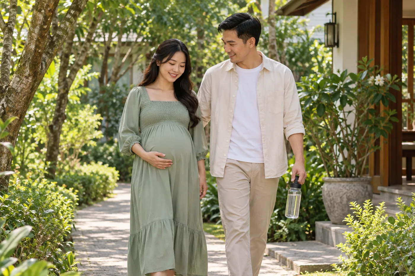 Mẹ bầu tháng cuối đi bộ cùng người thân trên lối bằng phẳng gần nhà
