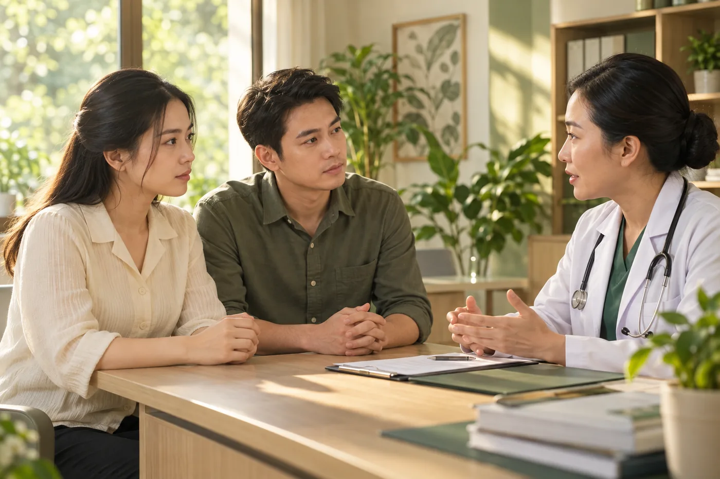 Mẹ cùng người thân trao đổi với bác sĩ khi có dấu hiệu cần đi khám.