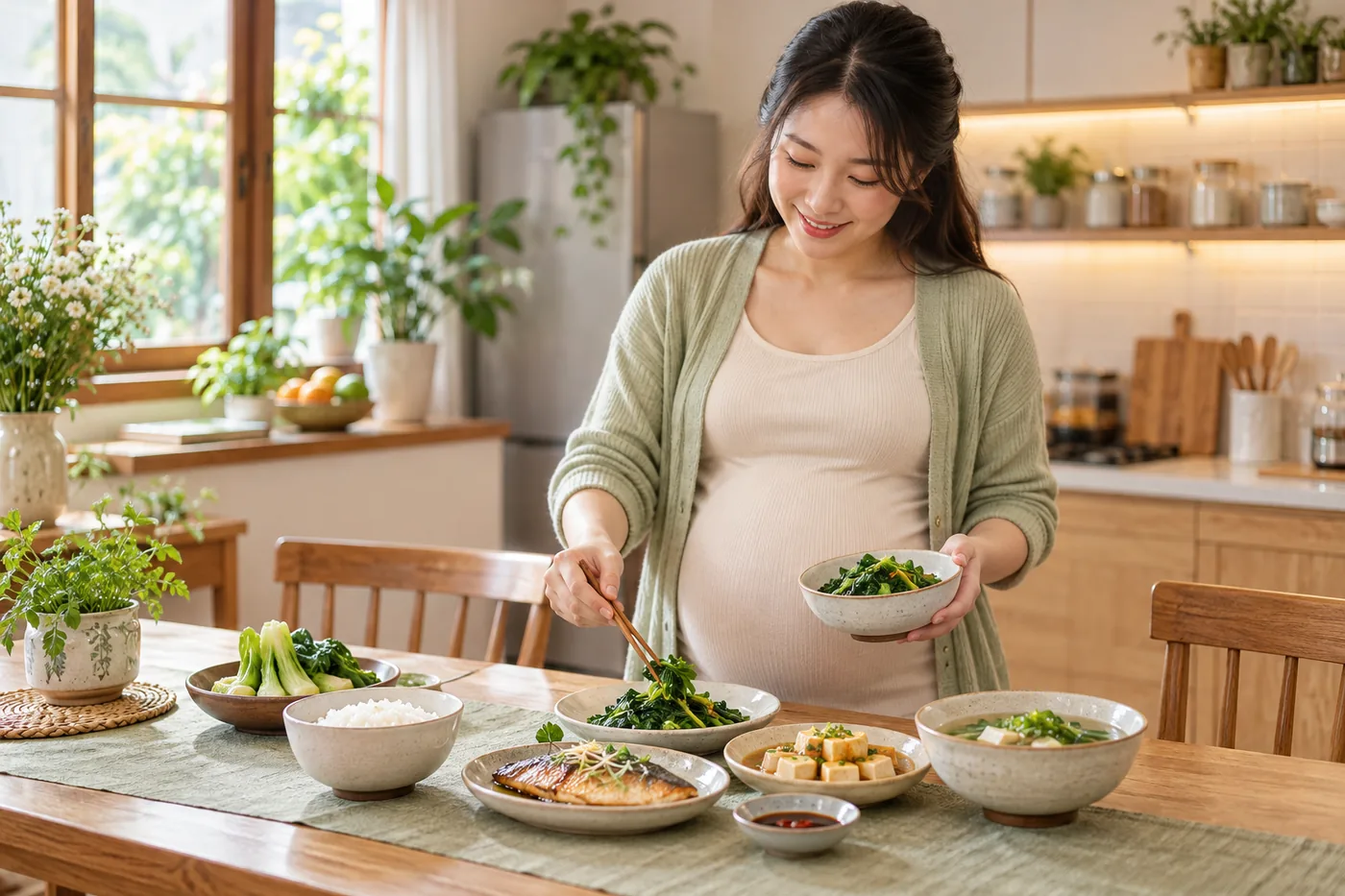 Mẹ bầu chuẩn bị bữa ăn đa dạng với rau xanh và thực phẩm nấu chín.